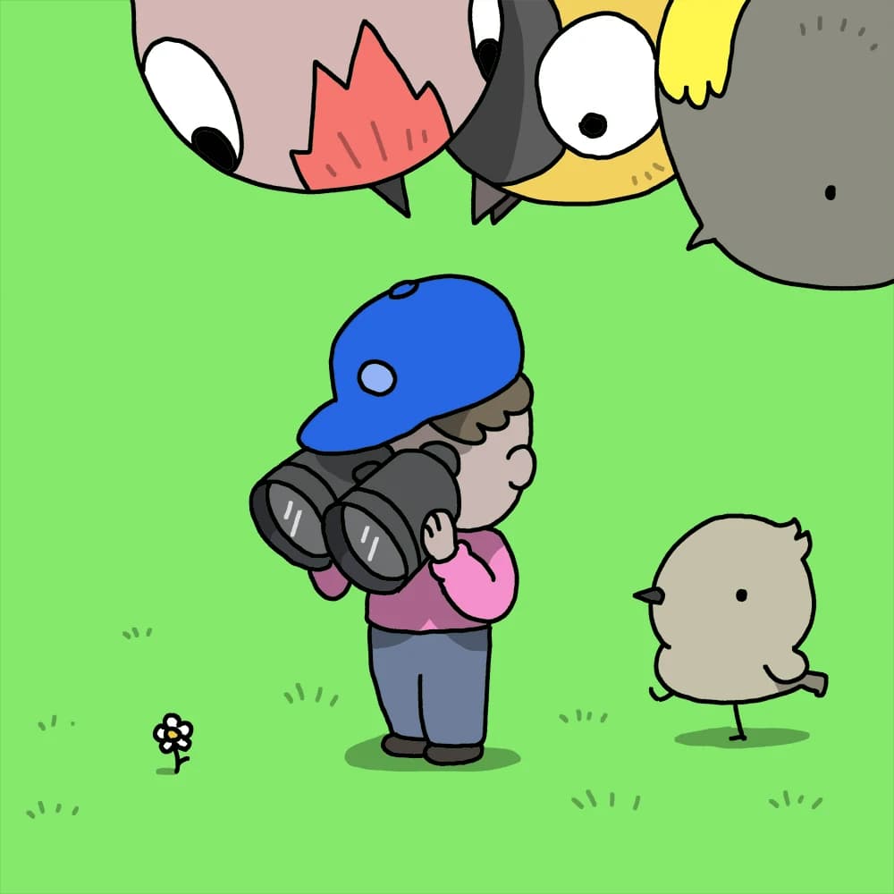 a guy birding but looking in the wrong direction   (all the birds are behind him)