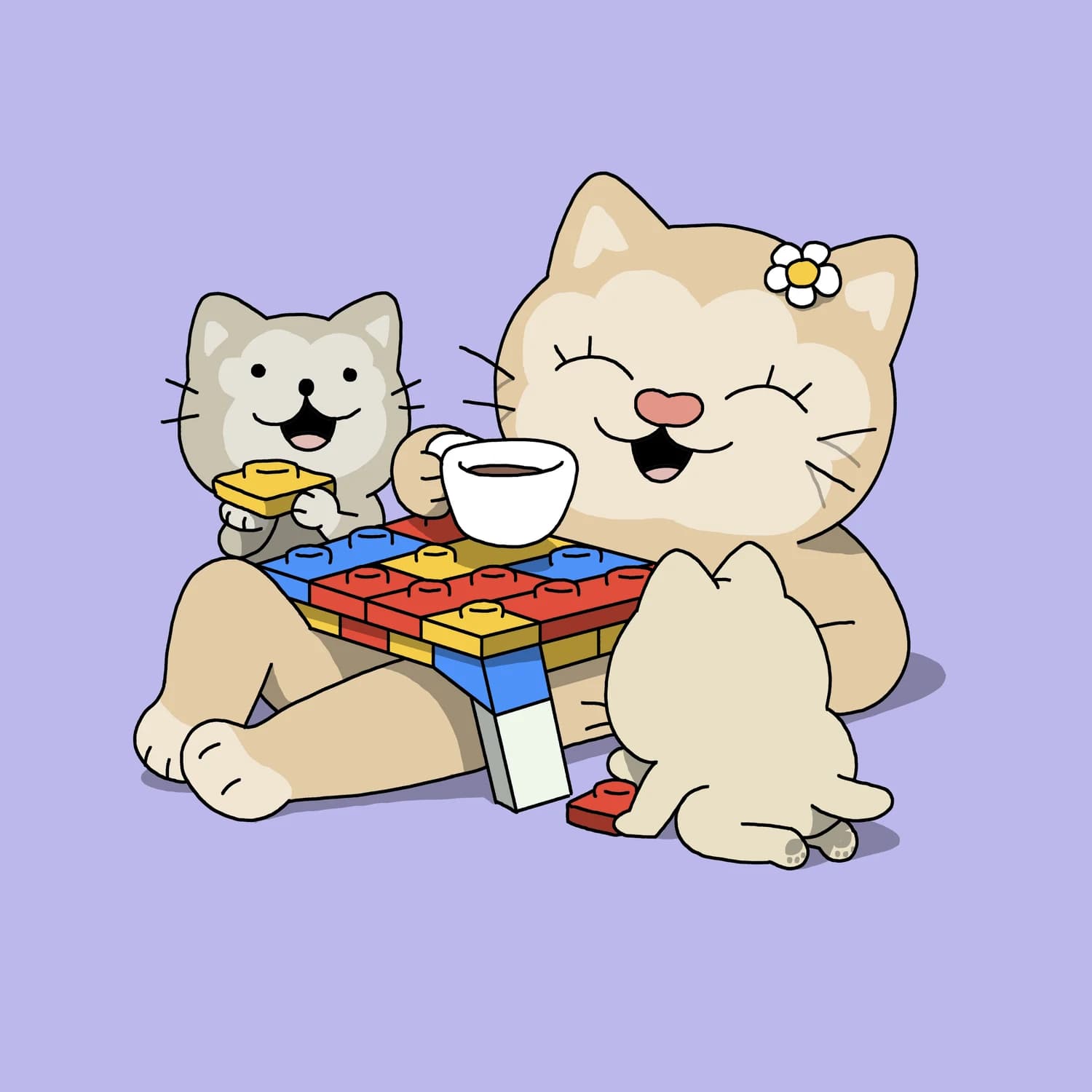 Two kitties playing with legos while momma cat drinks coffee