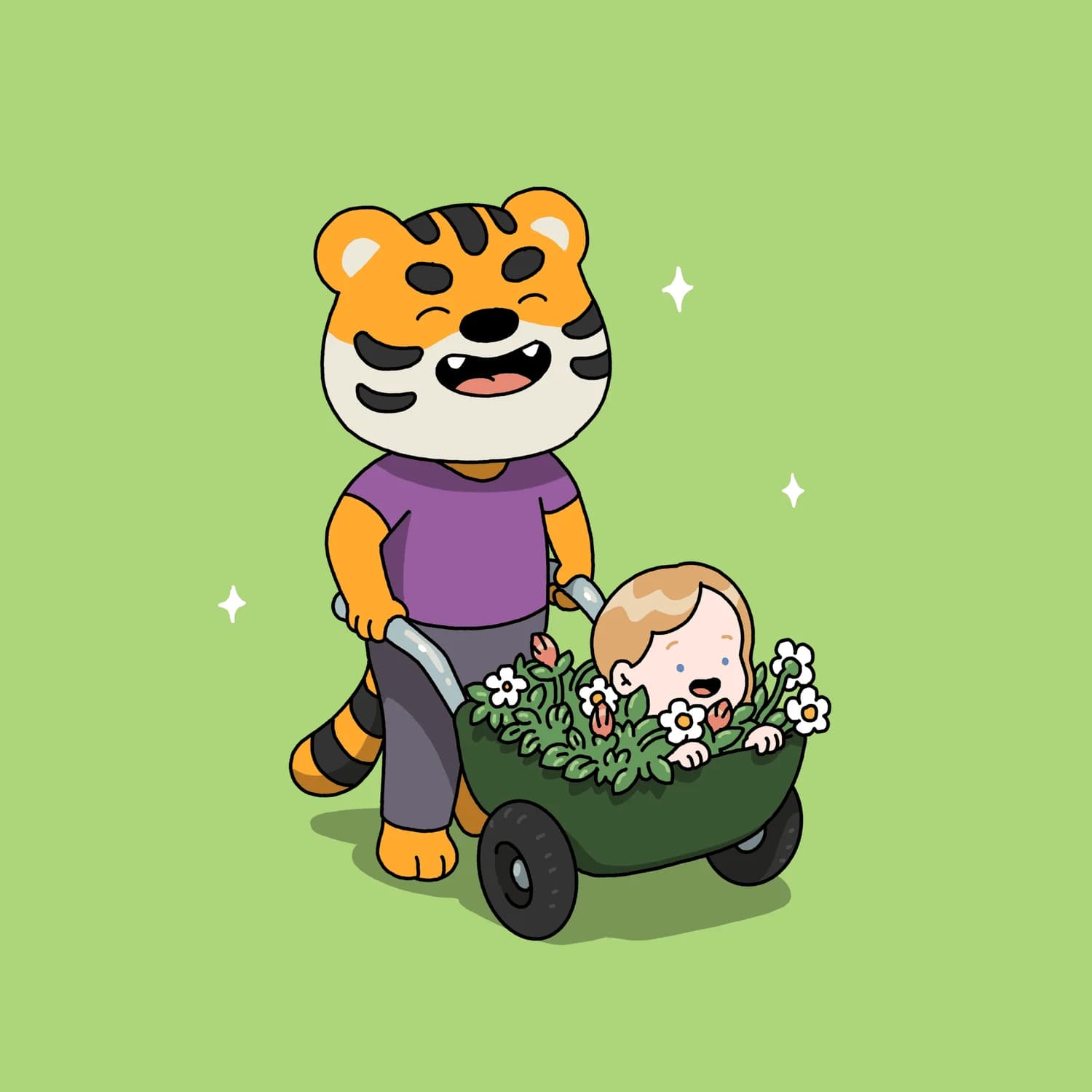 A tiger dad pushes his human daughter in a garden cart filled with flowers on a warm spring day