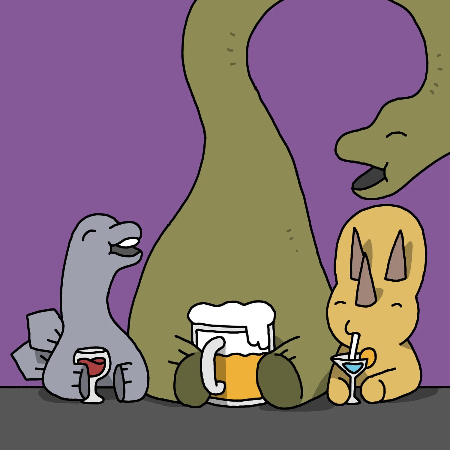 Dinosaurs getting drinks at a bar