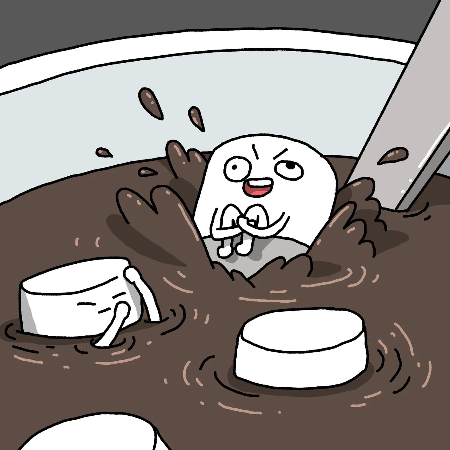Marshmallows swimming and doing cannonballs into a cup of hot cocoa like its a pool