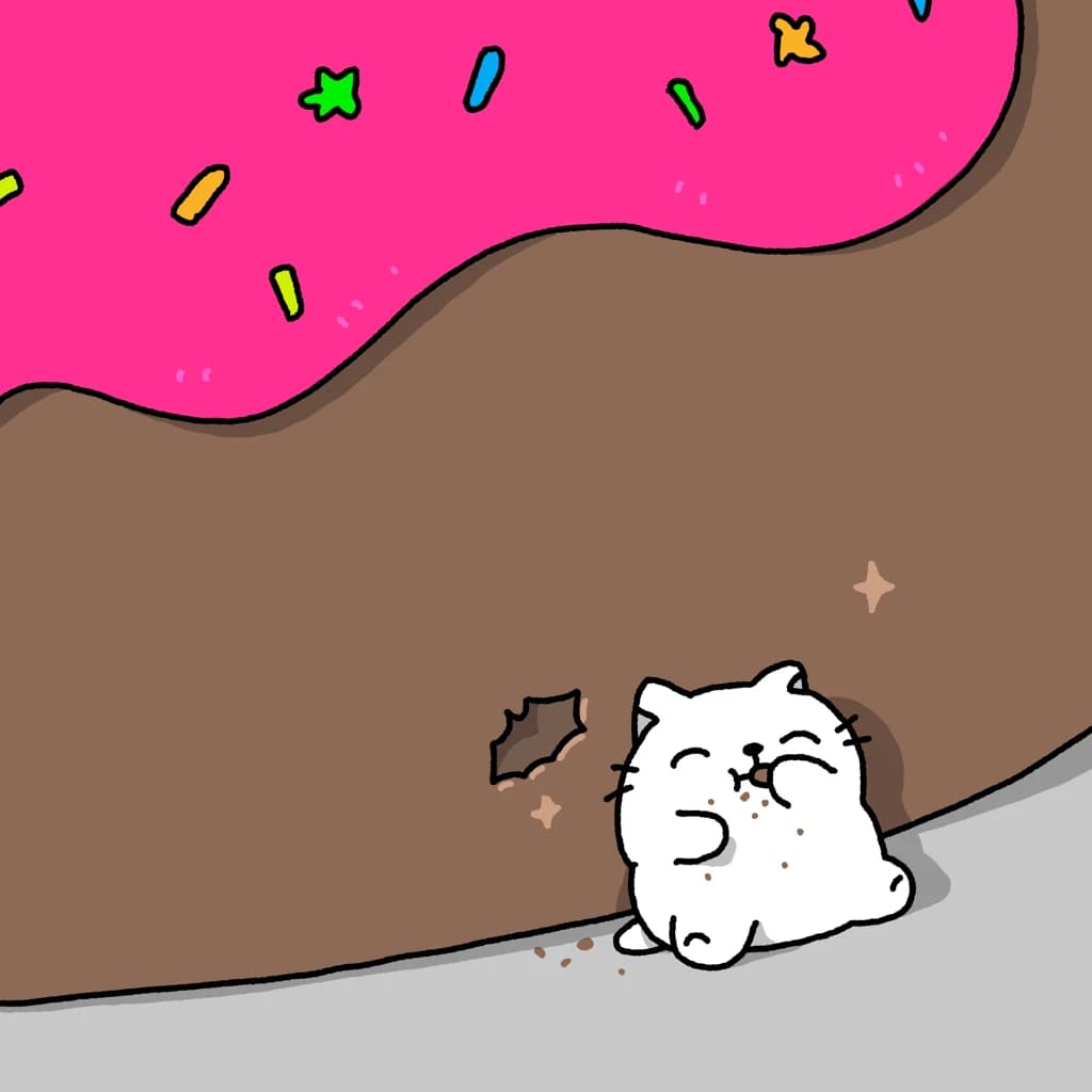 A tiny cat eating the worlds biggest donut.