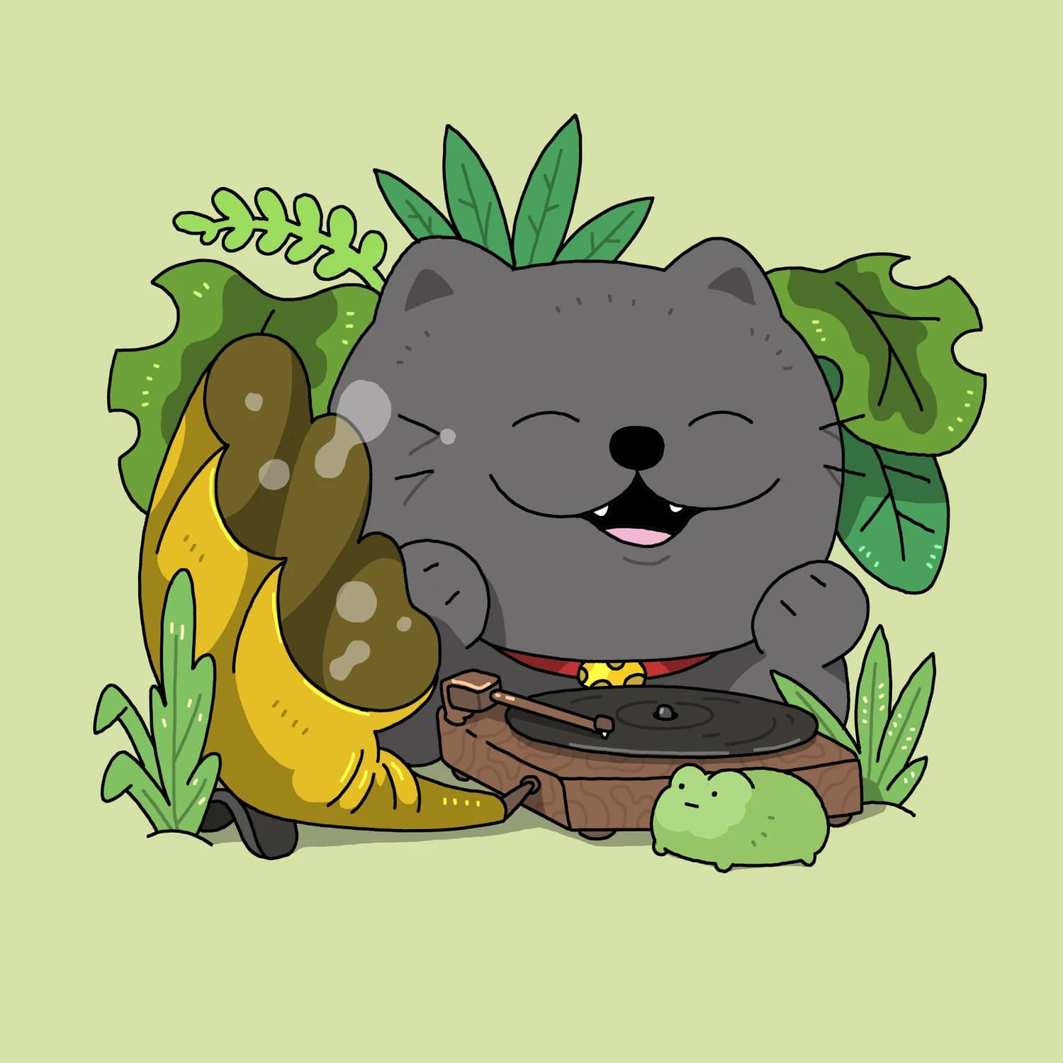 A British shorthair drinking coffee while listening to his vinyl records in the jungle