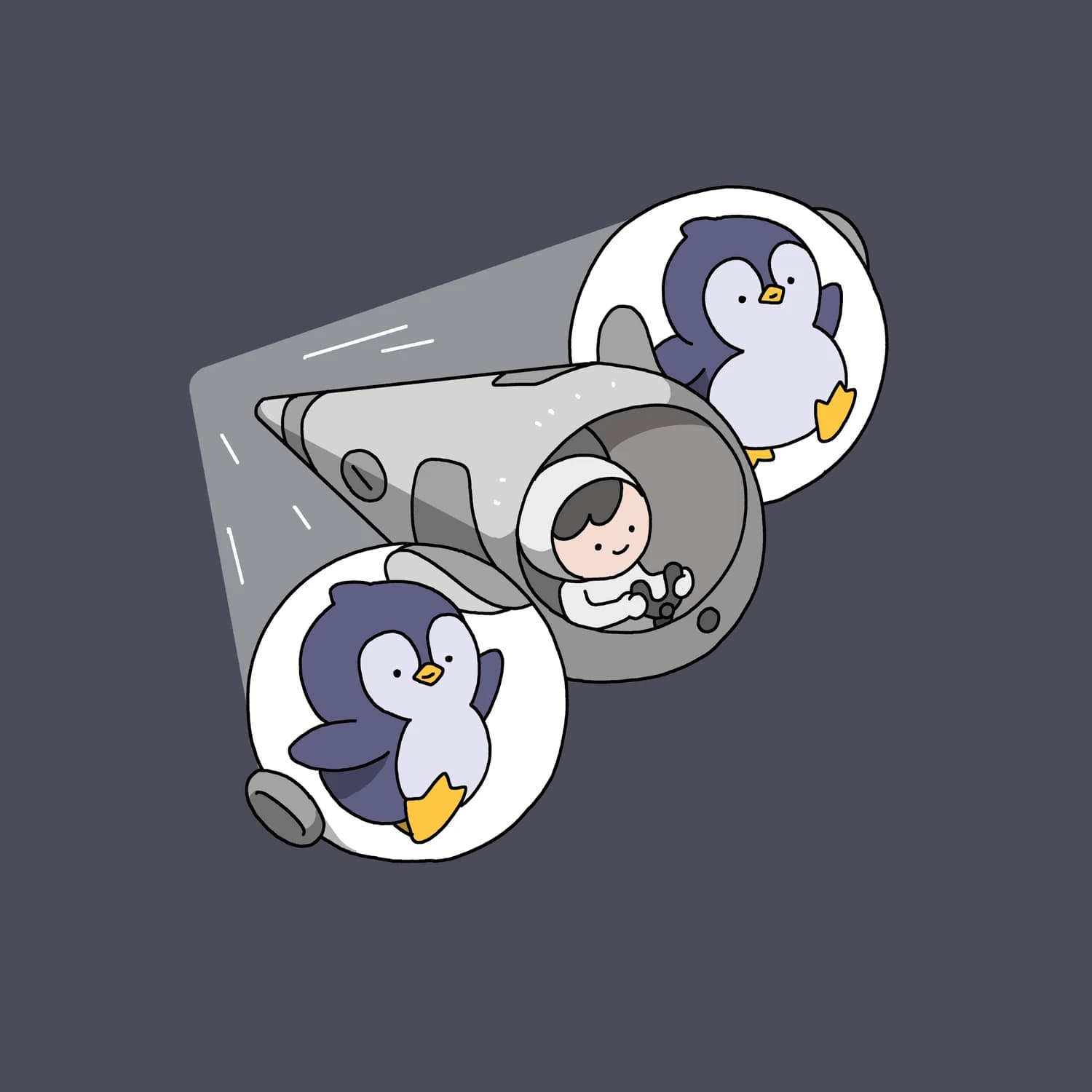 An astronaut using two penguins as thrusters flying into the moon
