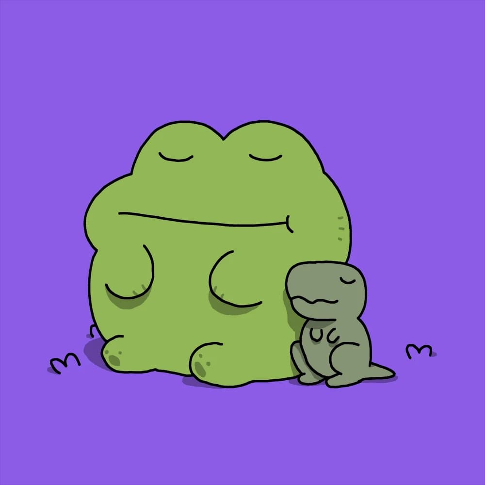 Just a dinosaur and a frog sitting together
