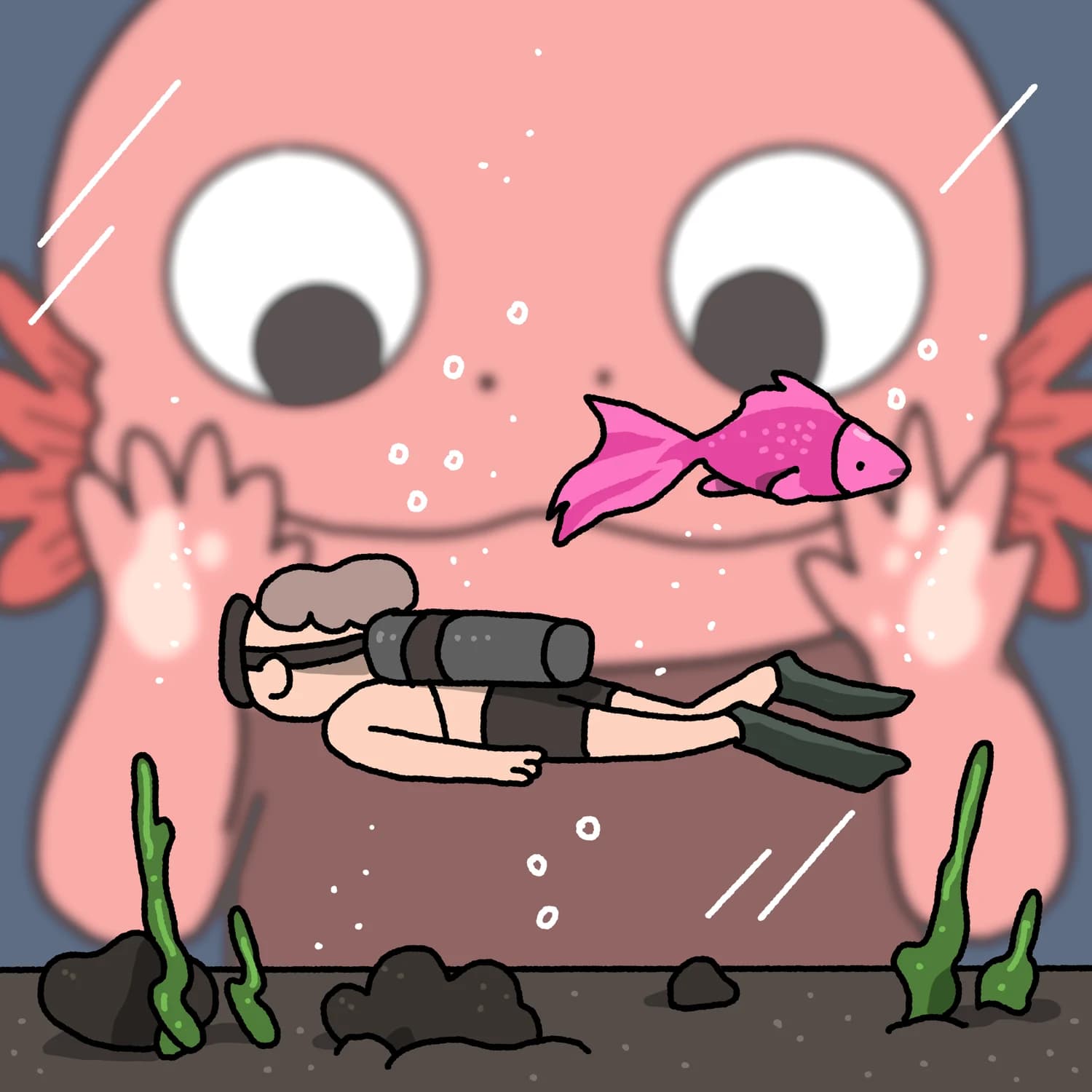 A large land-dwelling axolotl admiring a goldfish-sized human scuba diver in an aquarium