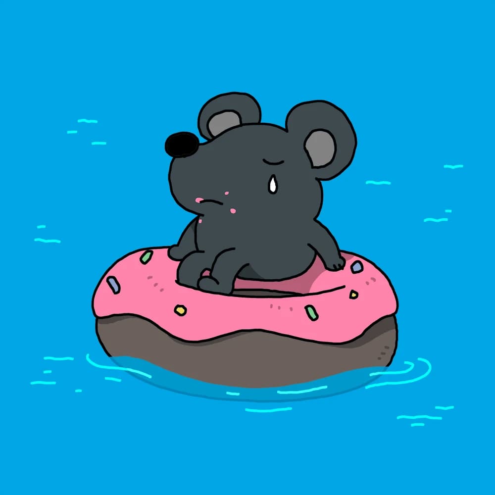 hungry mouse sitting on donut that he can't eat because the donut is floating on river