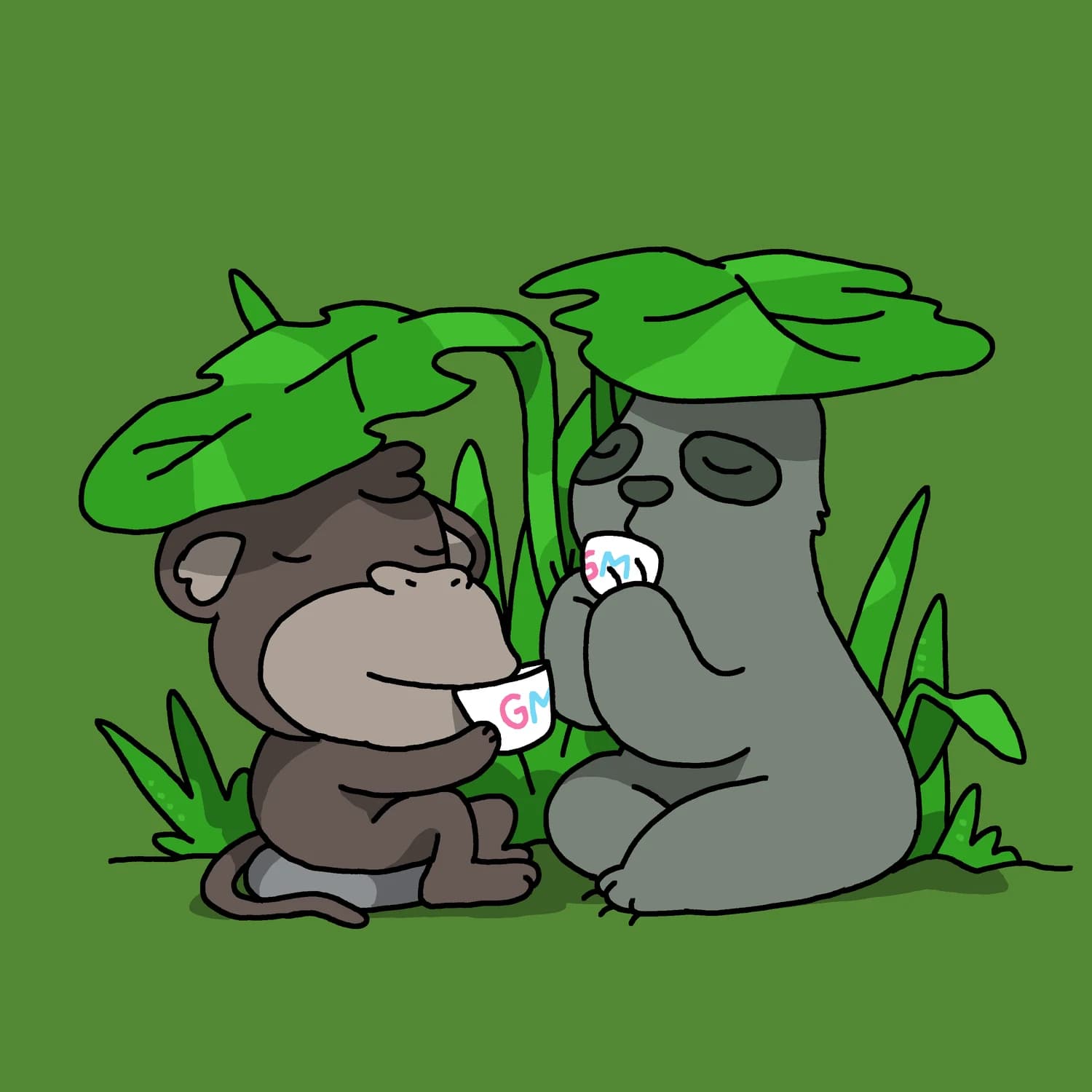 A monkey and a sloth having a GM coffee under an umbrella mafe from leaves in the jungle.