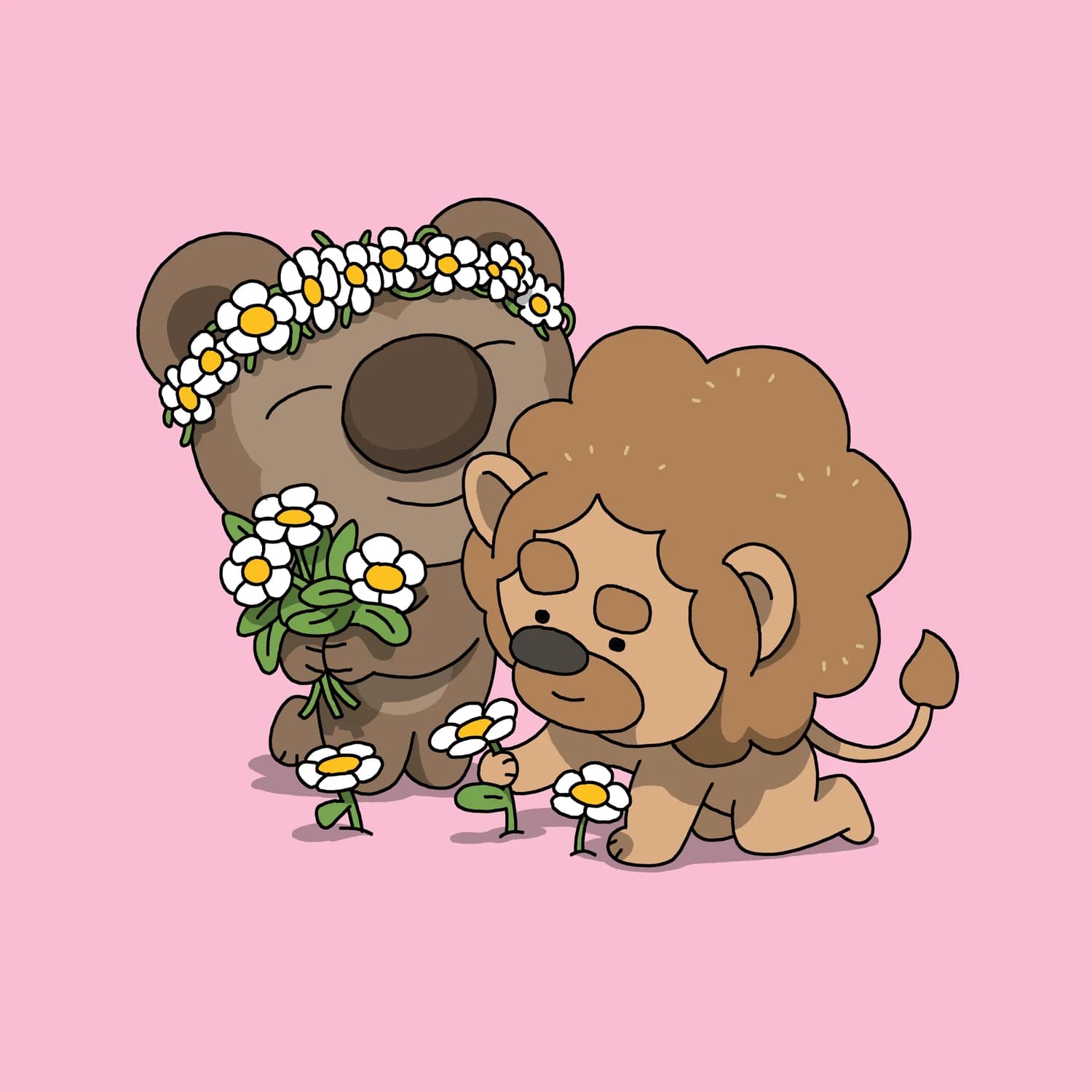 Lion and bear picking flowers