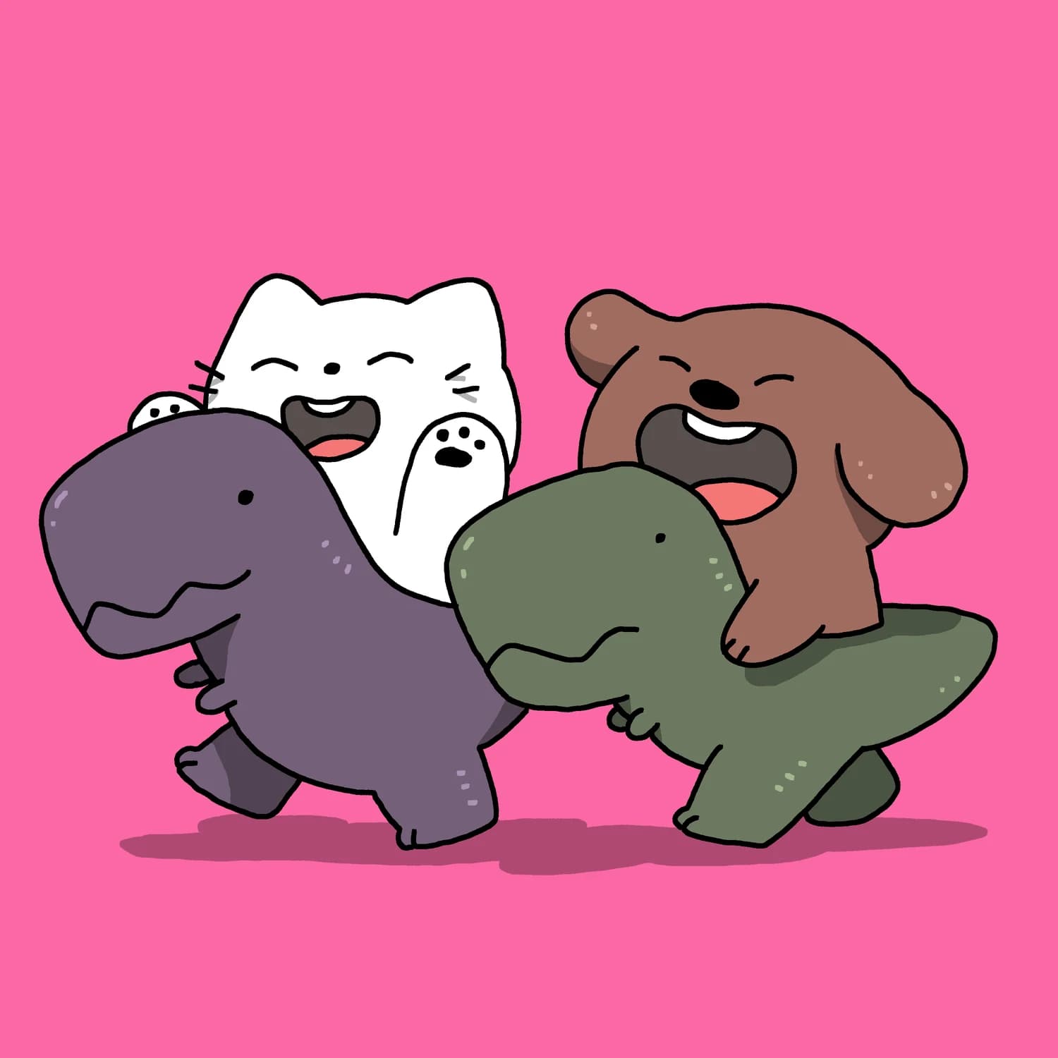 A cat riding a T-Rex jousting with a dog riding another T-Rex