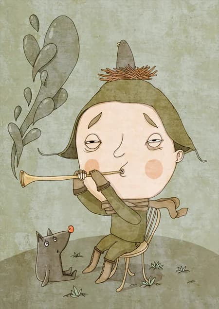 A boy is playing the pipe