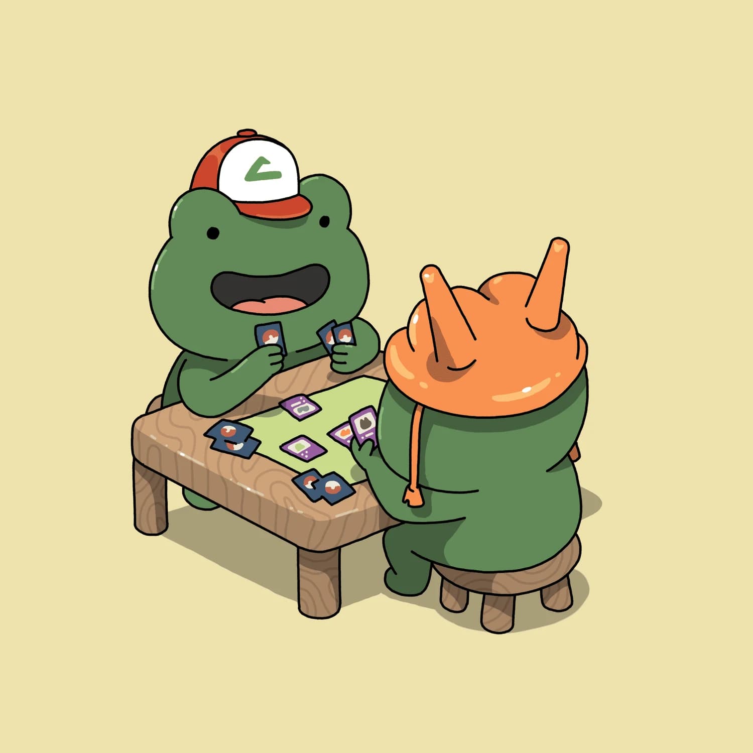 A couple of frogs playing Pokemon card game while one is wearing Ash Ketchum's Hat and the other with a Charizard headpiece.