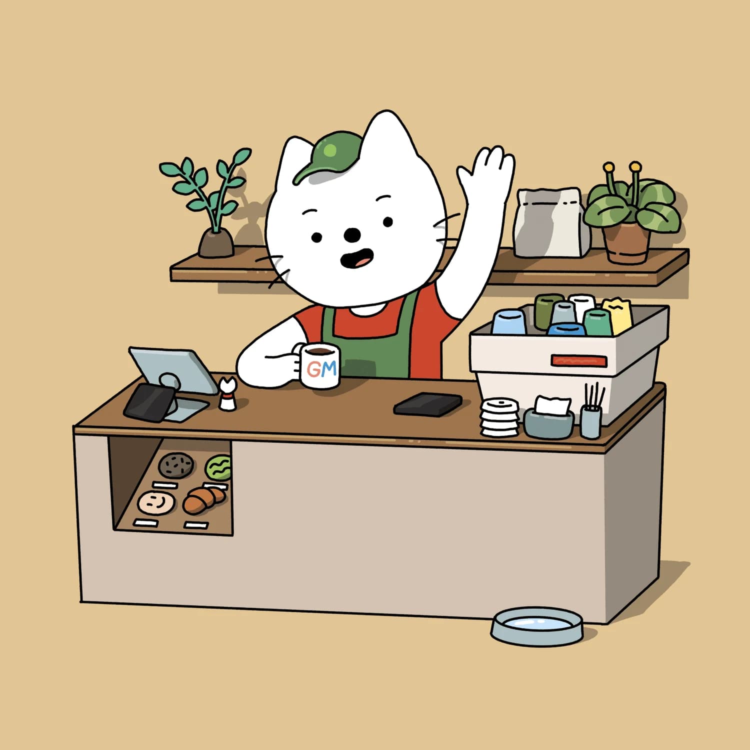 Mr. Cat is waving from inside the Atelier