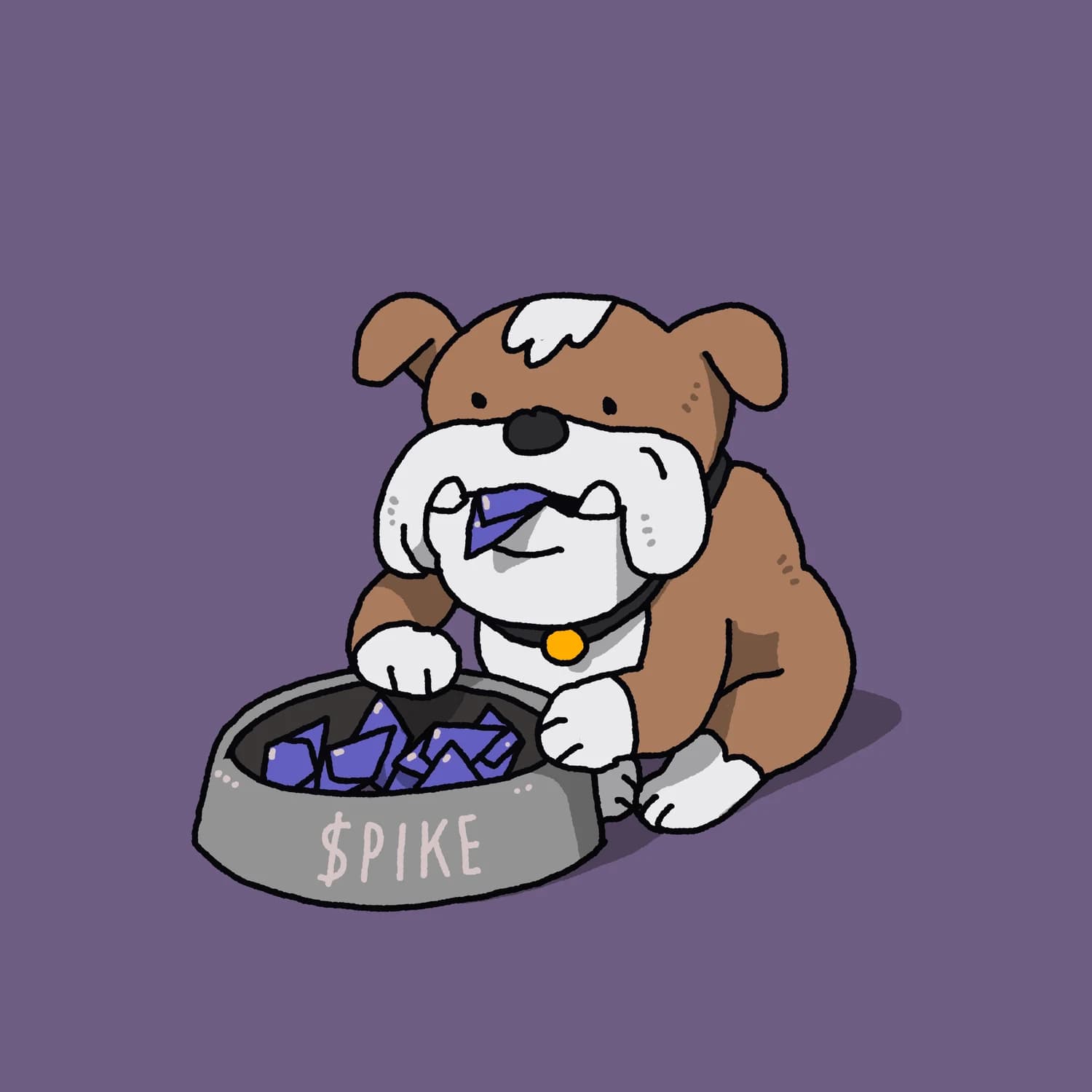 an English bulldog eating ethereum shaped food kibbles