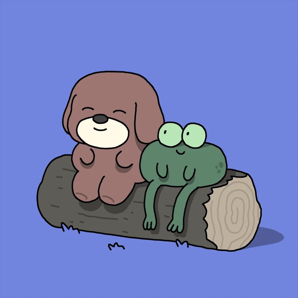 A baby dog and a baby frog sitting on a log