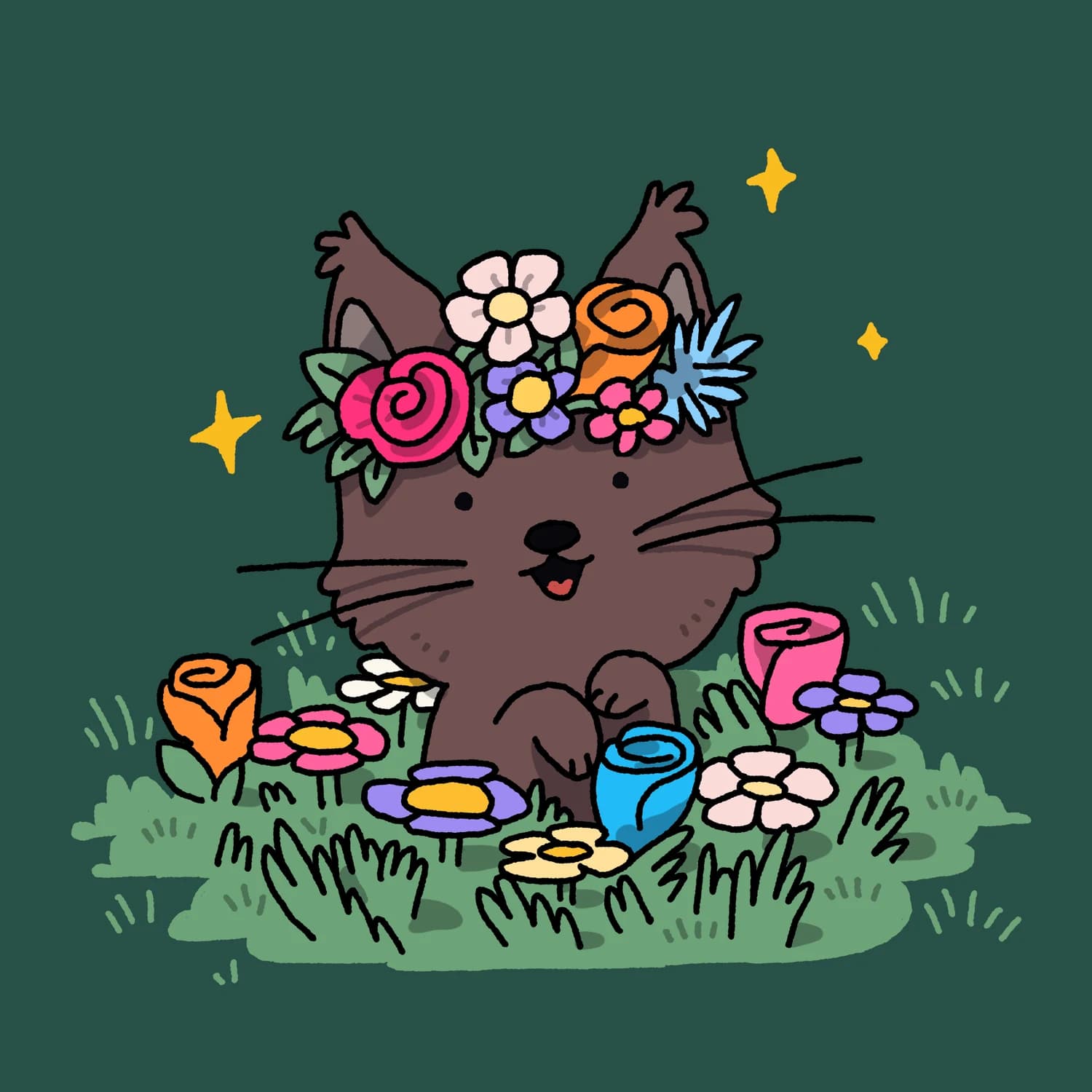 brown cat wearing flowering crown, in a field of flowers :3