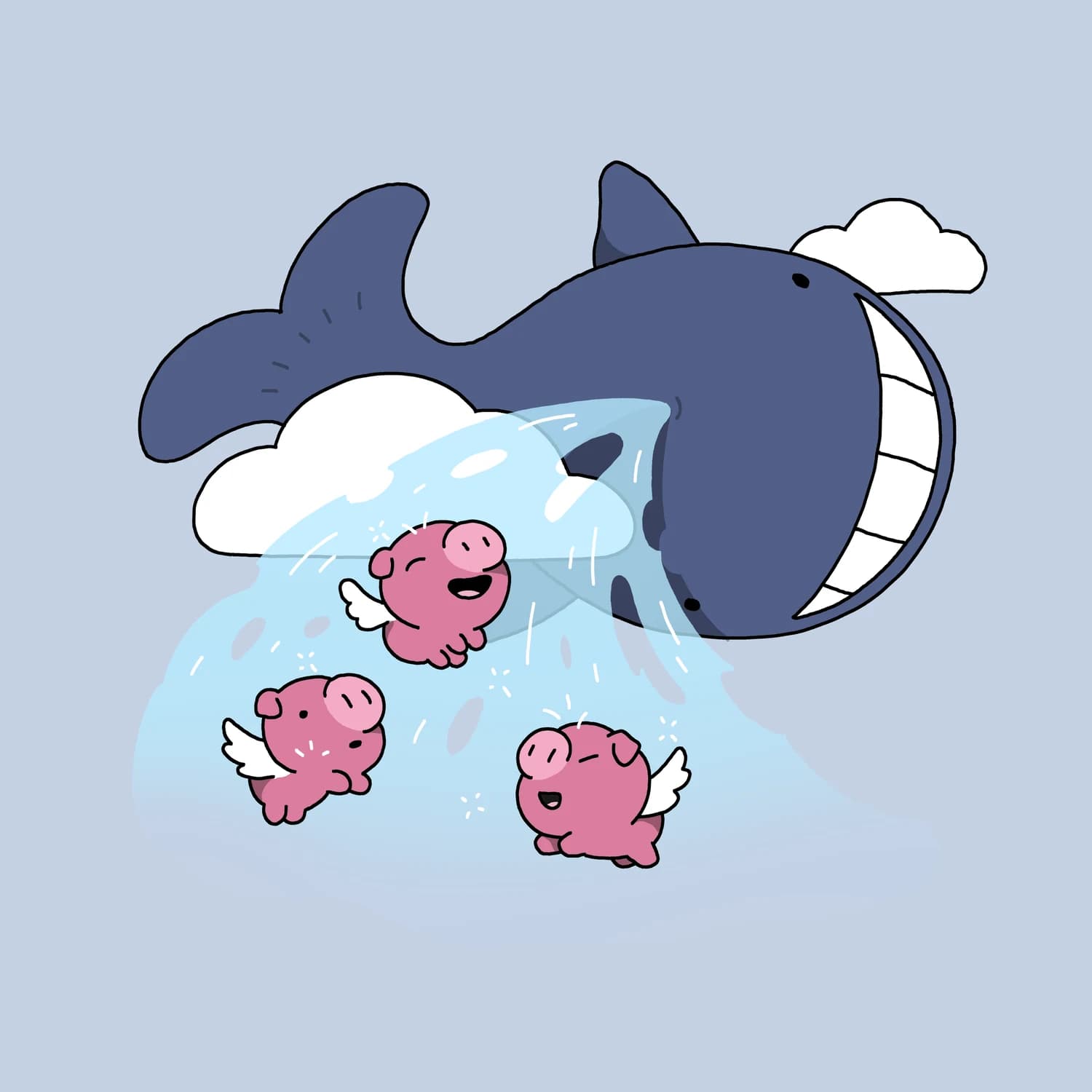A whale flying in the clouds and splashing rain down of flying pigs