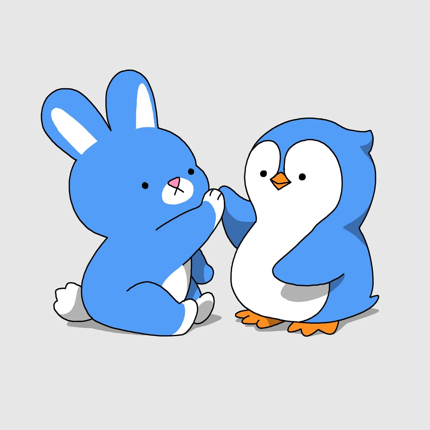 A blue bunny giving a high five to a cute penguin