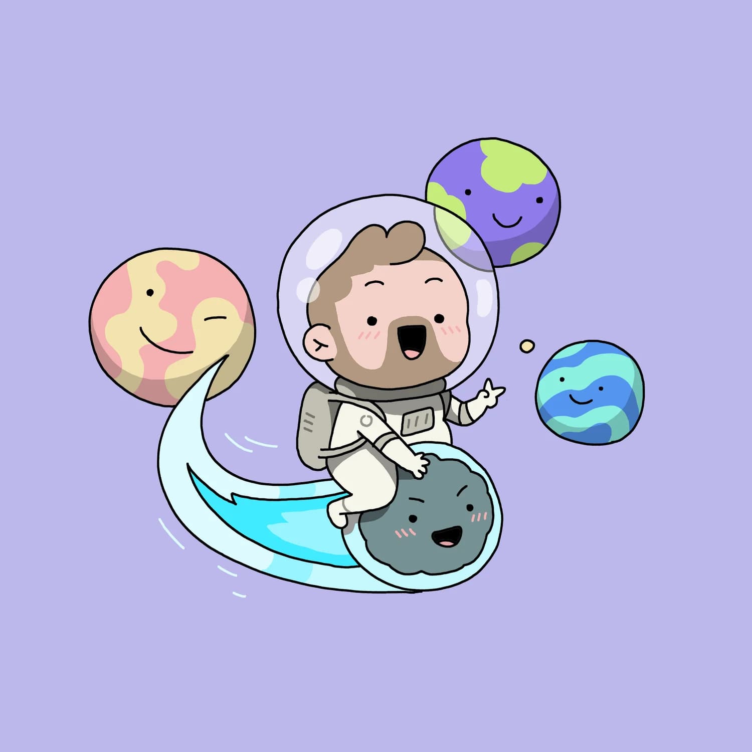 An astronaut flying on a star over friendly planets