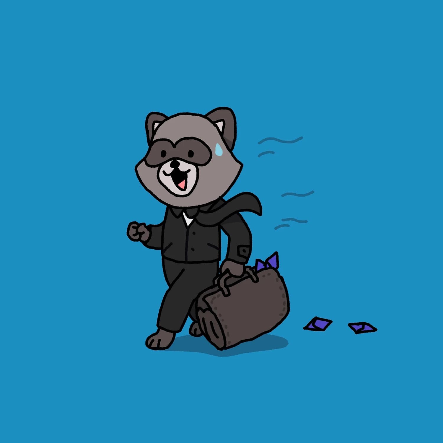 A raccoon, dressed like a businessman, running with a suitcase bulging with Ethereum - with bits of Ether falling out