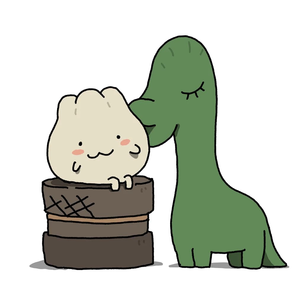 a mini dino kissing a steamed bun
