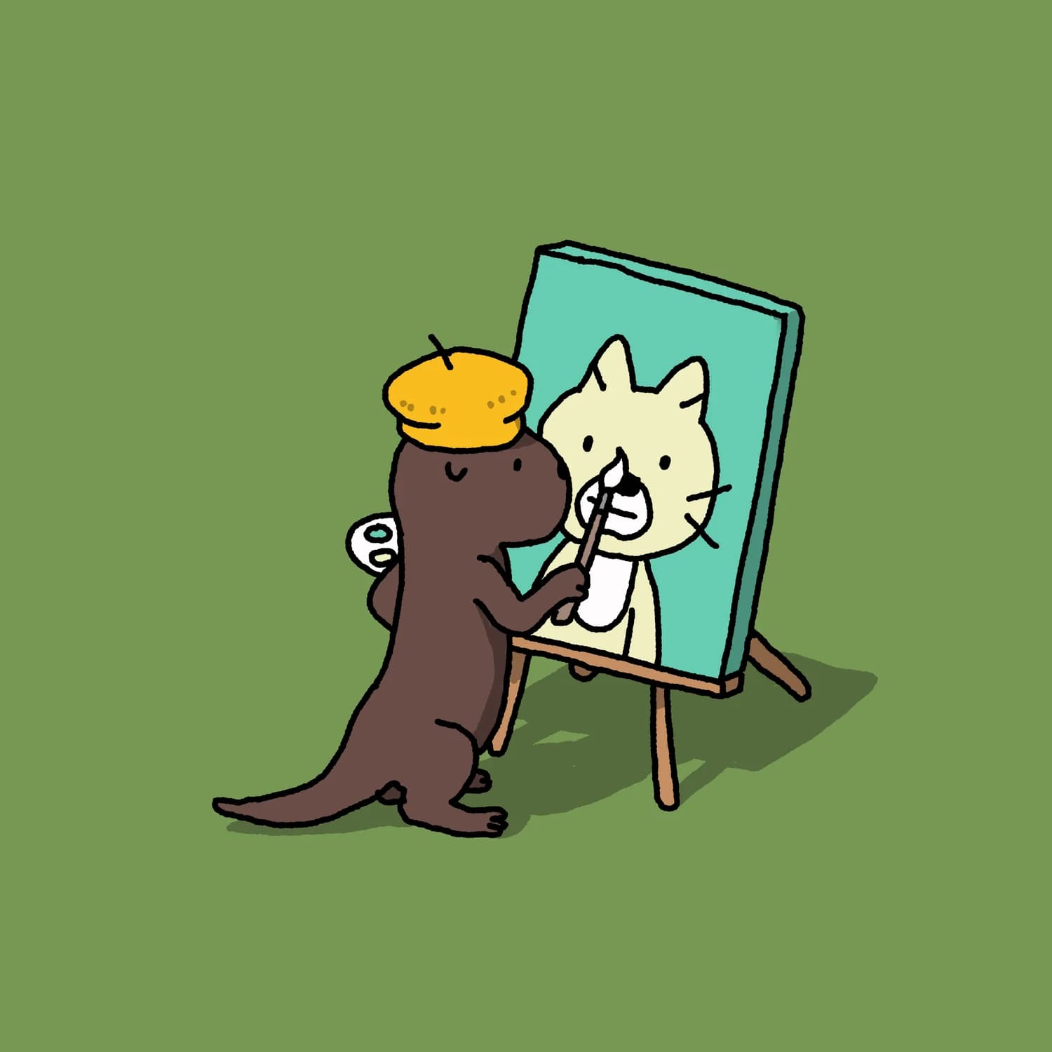 Very artistic Otter, painting a picture of a cat on an easle?