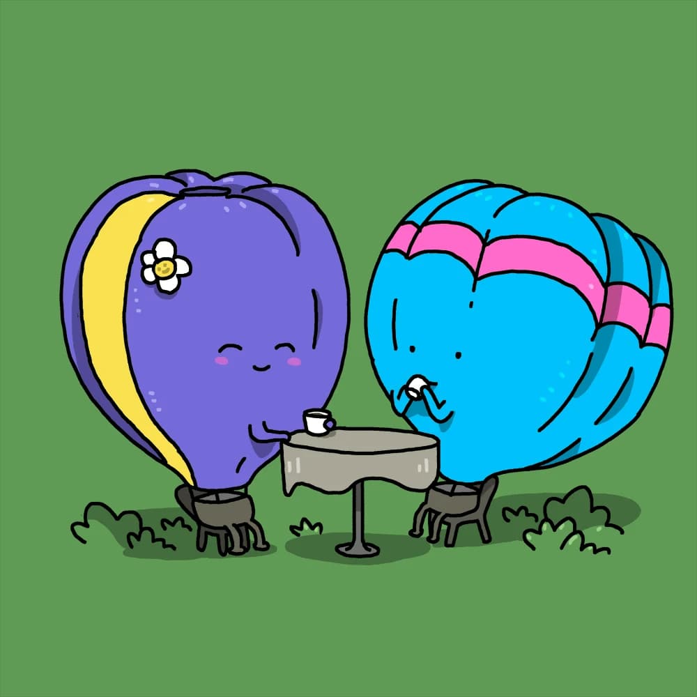 hot air balloons drinking coffee in a garden