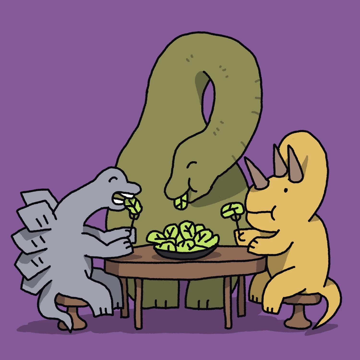 A scene with 3 dinosaurs eating together? Stegosaurus, Triceratops and Apatosaurus