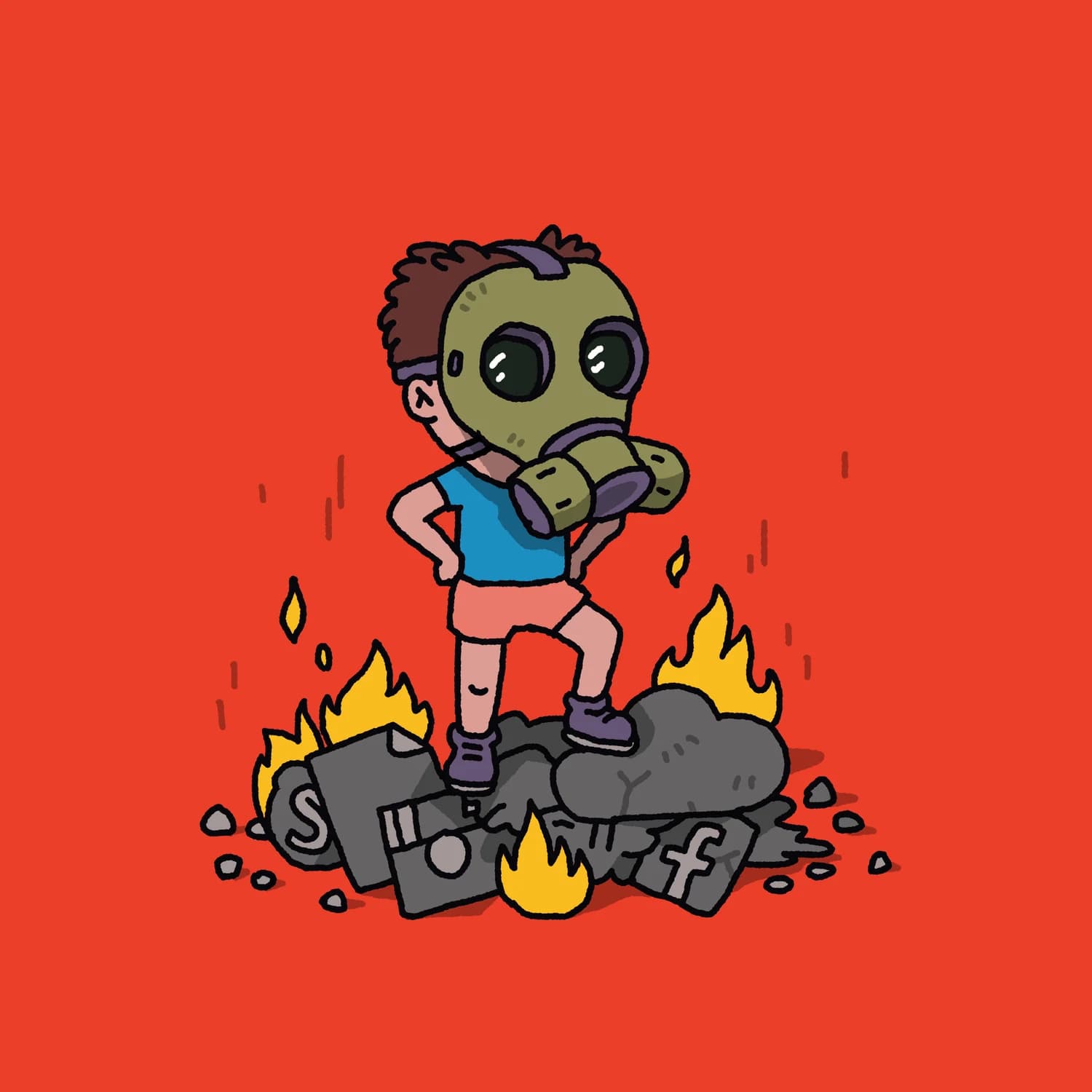 A little kid with a gas mask standing in toxic web 2 ruins.