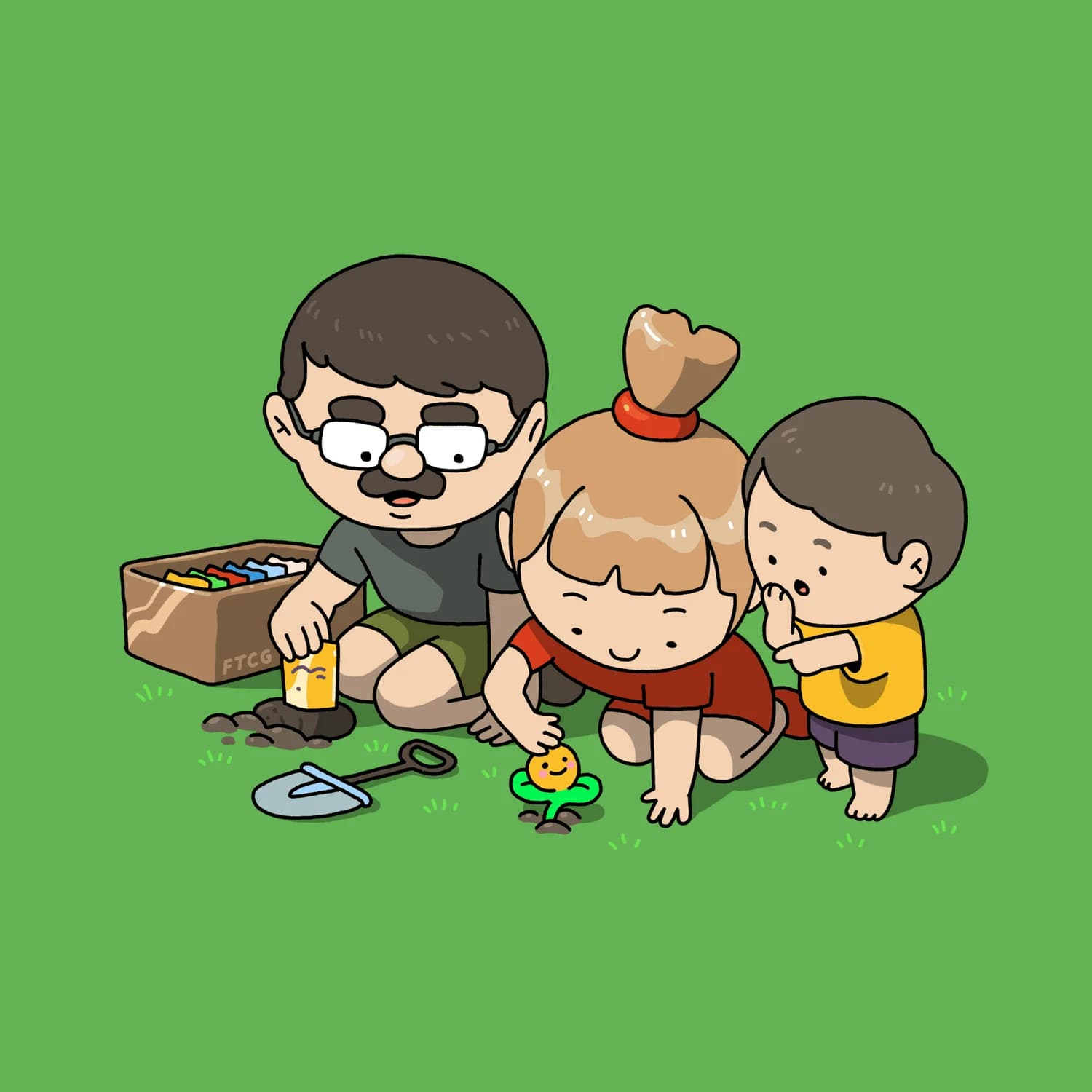 A dad tending to his backyard garden, planting Fake Trading Cards, his family watching them sprout into sprightly living physicals