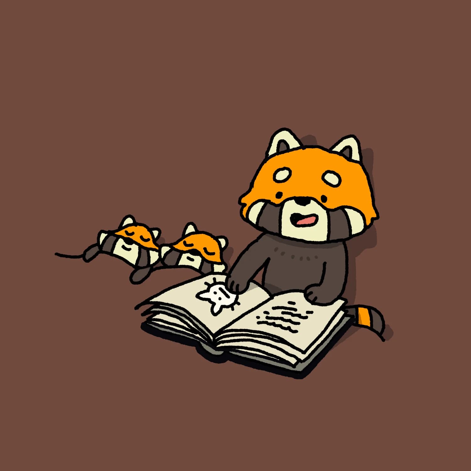 A red panda reading a Christmas story to its 2 kids before going to bed