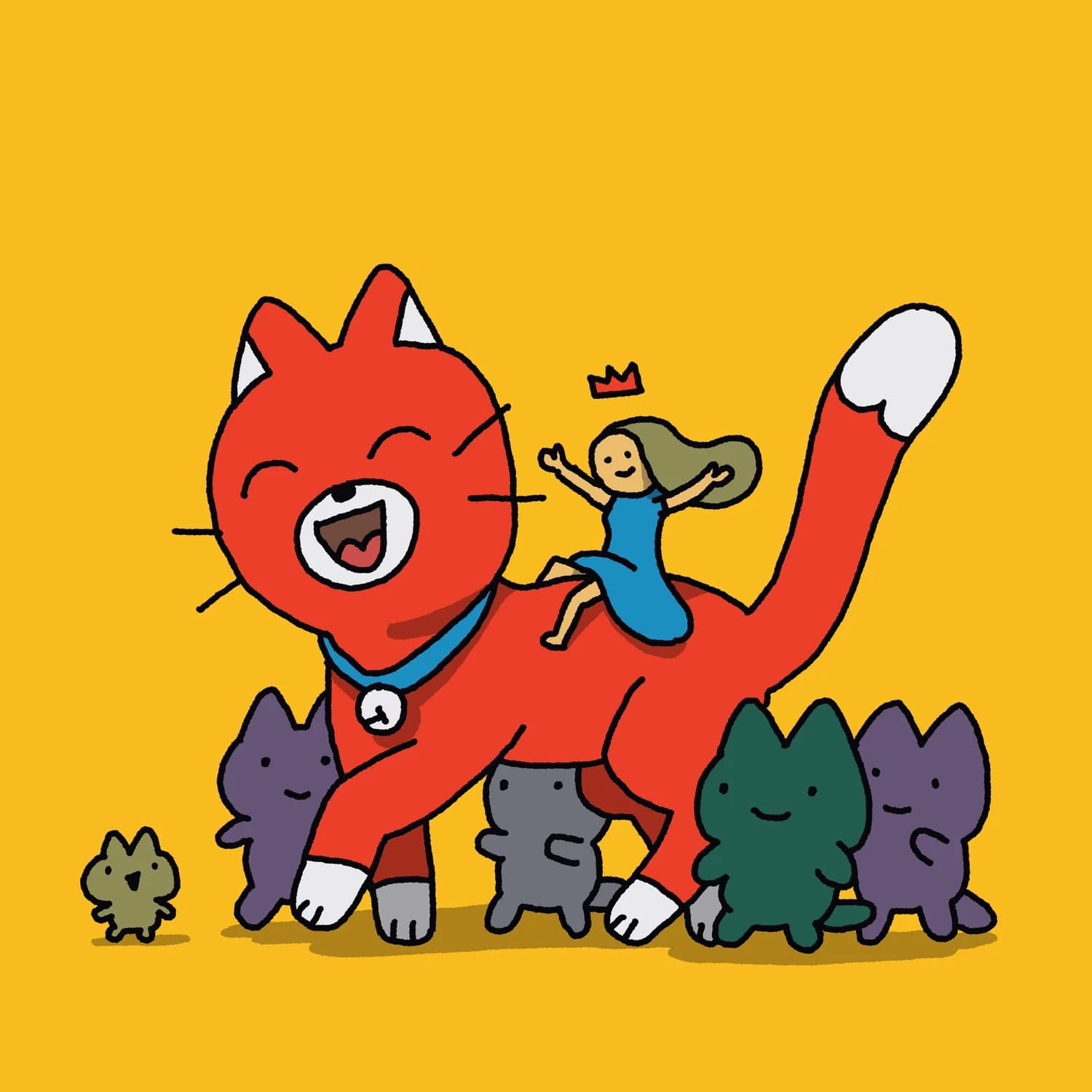 Girl riding a giant cat, with a bunch of other cats following/surrounding them :3