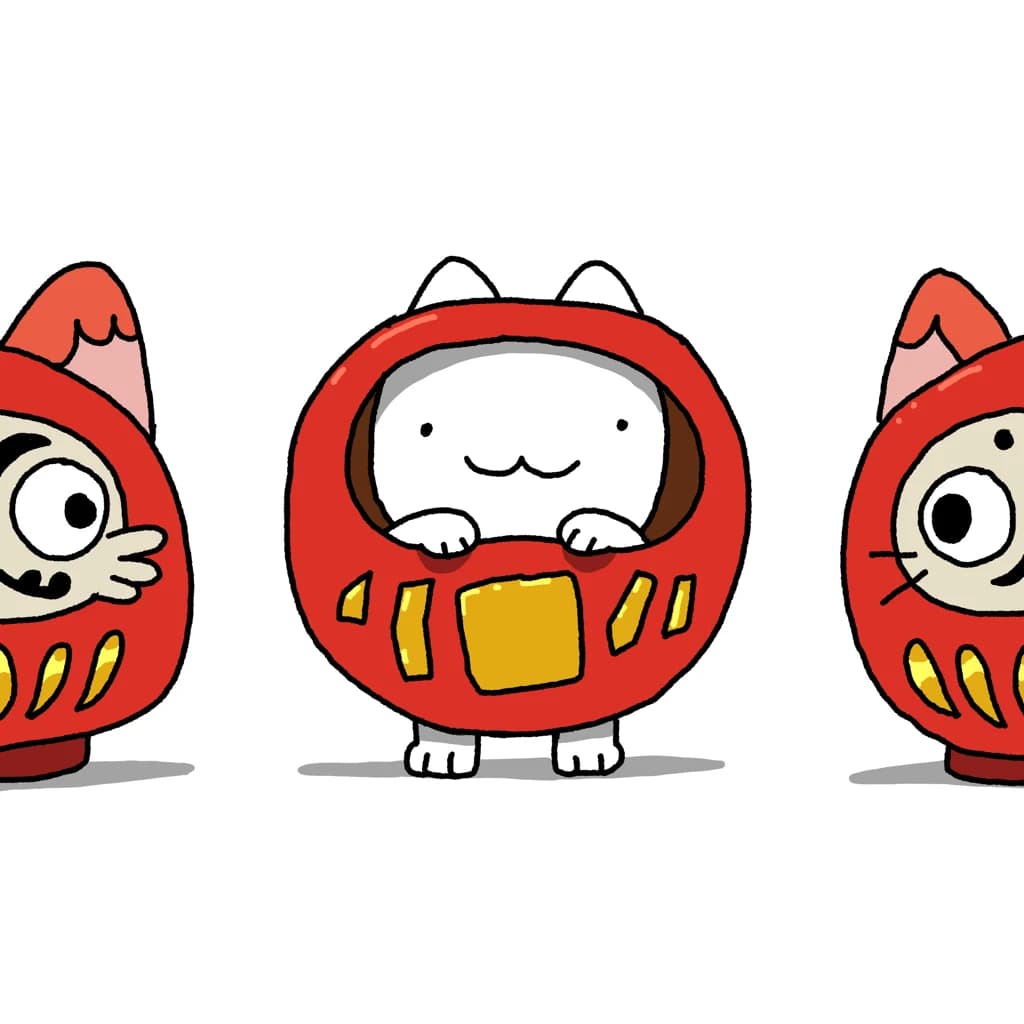 A cute neko is wearing a neko daruma costume to blend in with other darumas