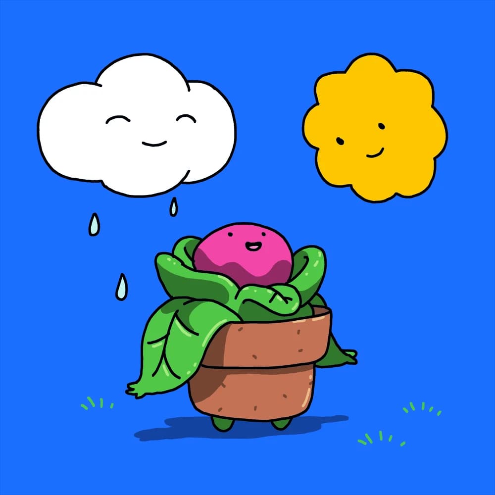 A tall potted plant walking in the park under best friends rain cloud and sun