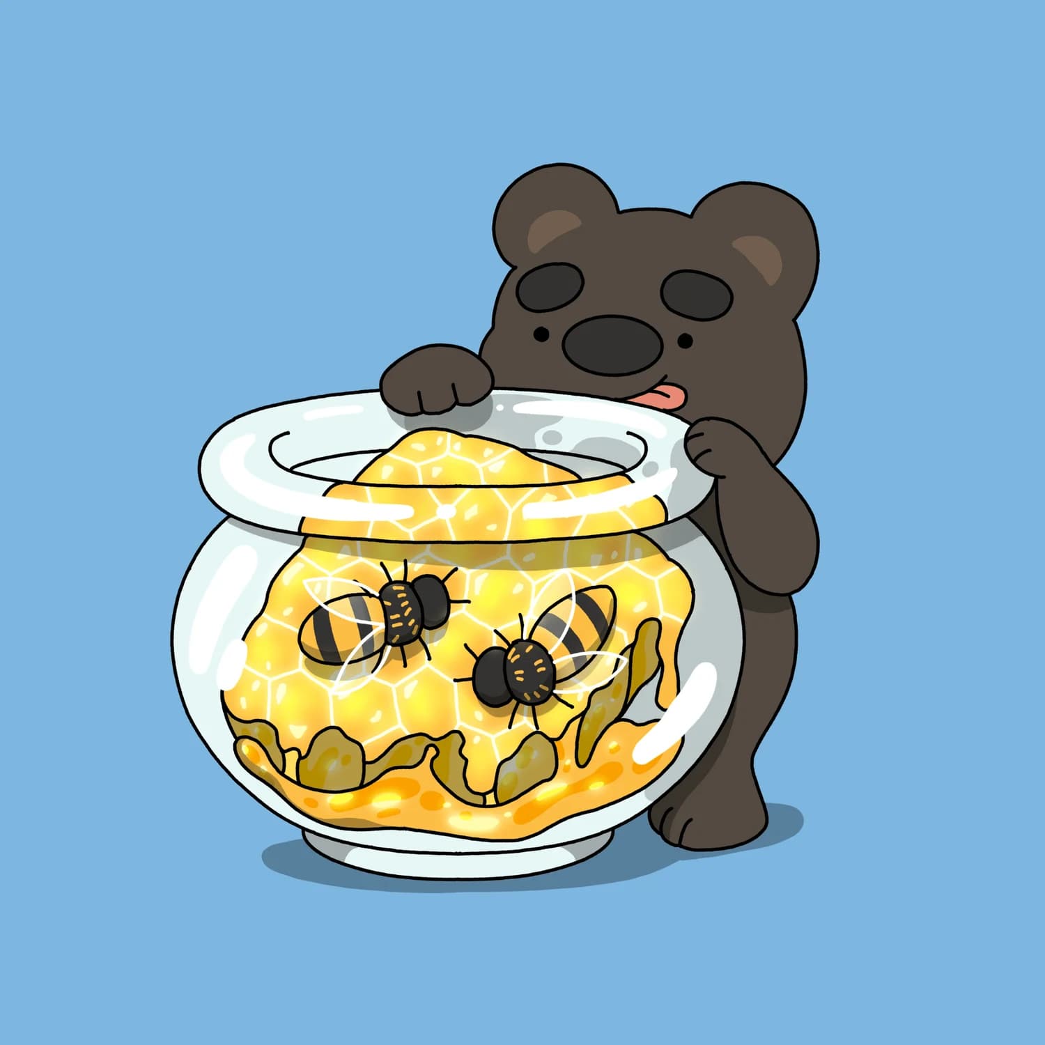 A couple of bumble bees in a honeycomb fish tank and a cute bear licking his lips or reaching for the honey