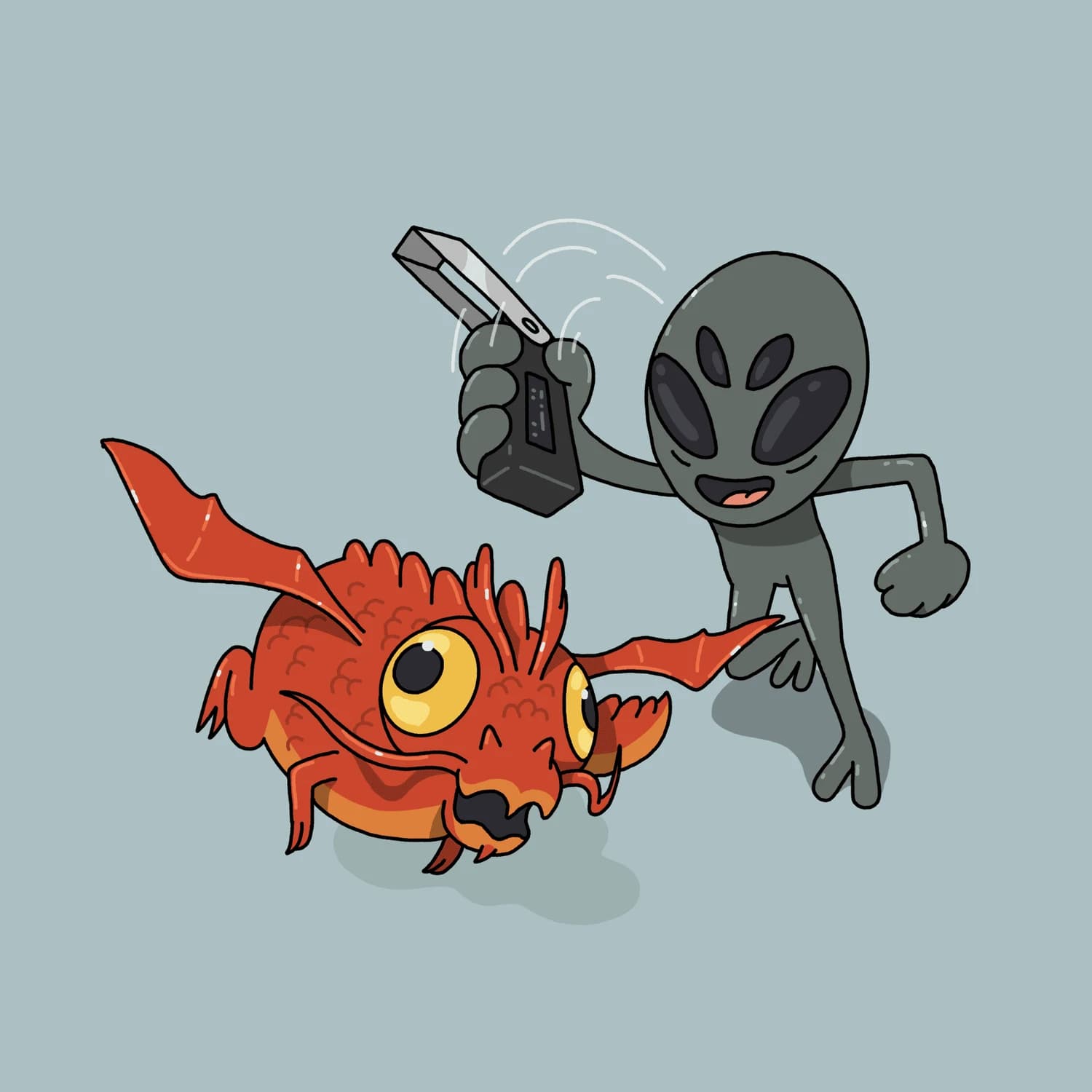 Alien capturing a dragon as if it was a Pokemon, but instead of a Pokeball, he uses a ledger.