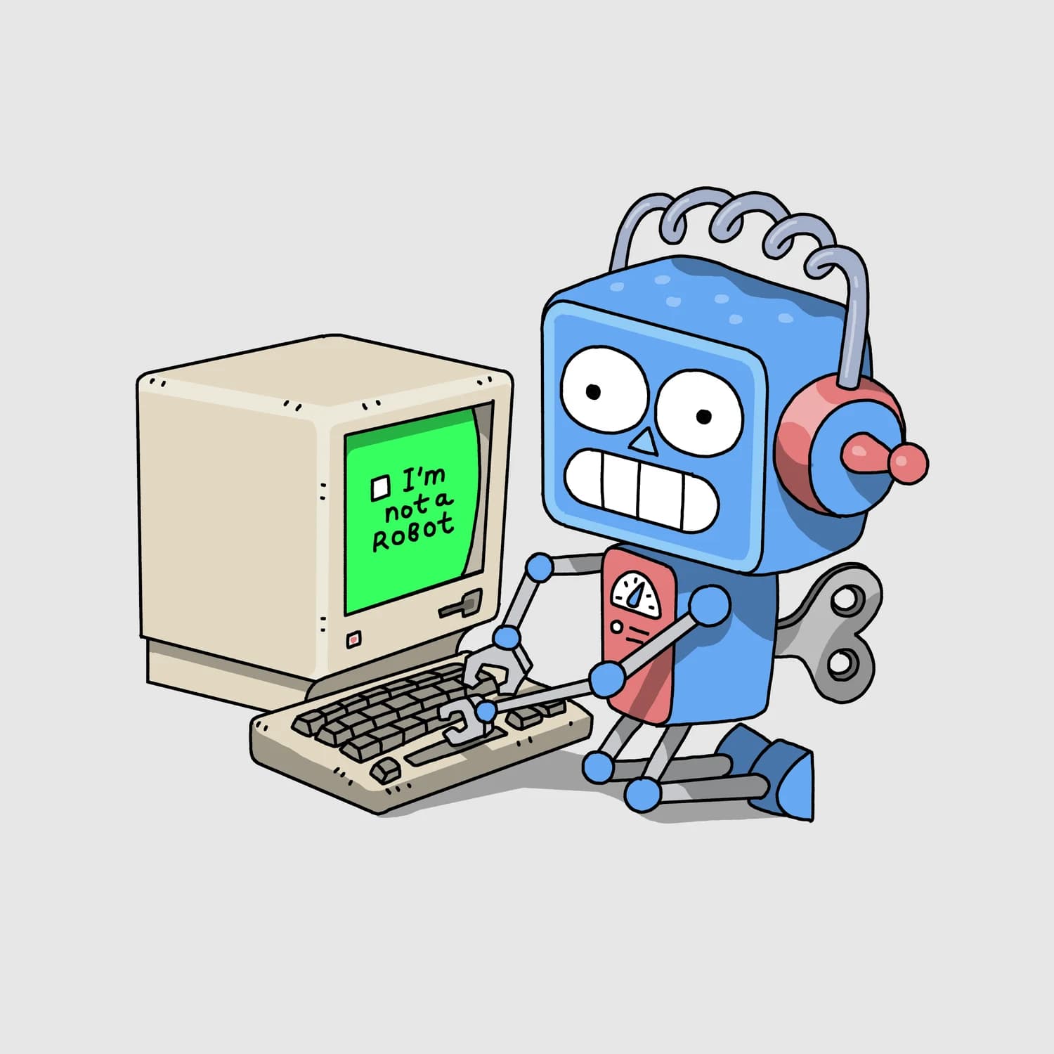 Confused old school toy robot typing on an original 1984 mac.