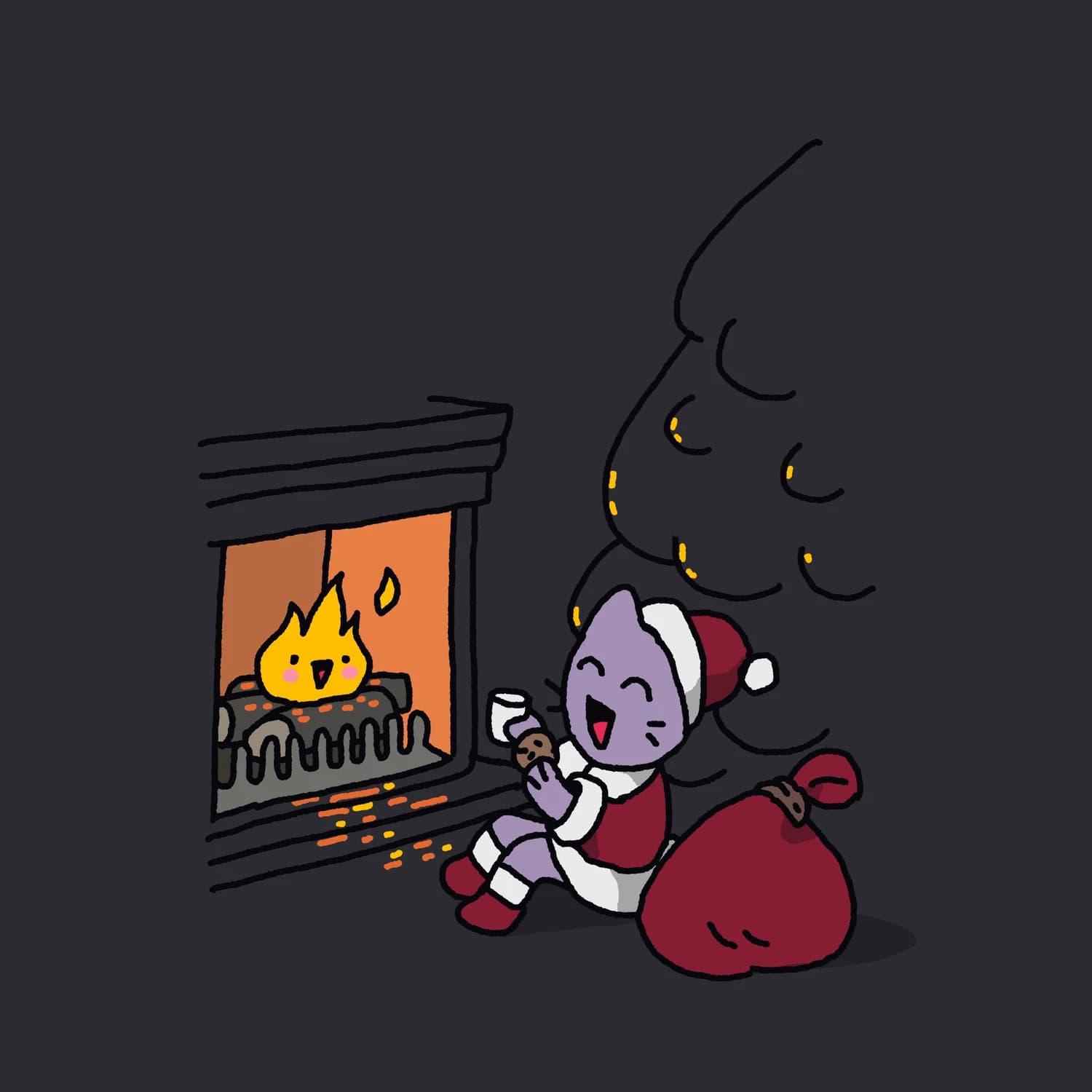 The Сat Santa Claus (or just cat that gives gifts  ) sits on the floor in a dark room with a Christmas tree, in front of the fireplace in which a fire is burning (your character thats looks like Calcifer) and talks to him along the way sipping milk and eats the cookies that were left for him